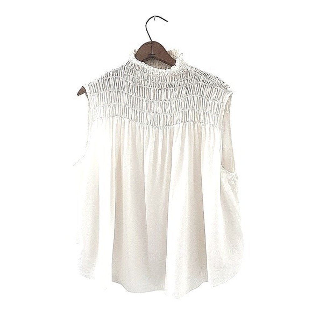 Sleeveless Smocked‎ Mock Neck Top Blouse White Casual Elegant